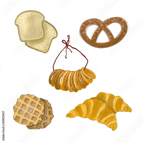 Pastry assortment. Baked product illustration collection. Set of pastry drawings that contain croissants and toasts. Belgian waffles and other flour containing products are sources of fast carbohydrat