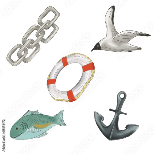 Seaport related illustrations set. Nautical drawing bundle with some thematic details. Seagull and anchor as a part of marine illustration collection.