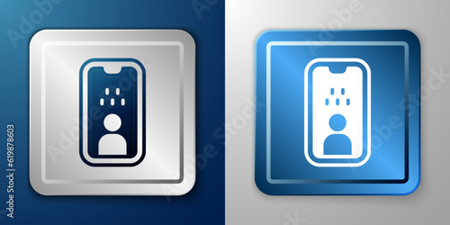 White Taxi driver license icon isolated on blue and grey background. Silver and blue square button. Vector