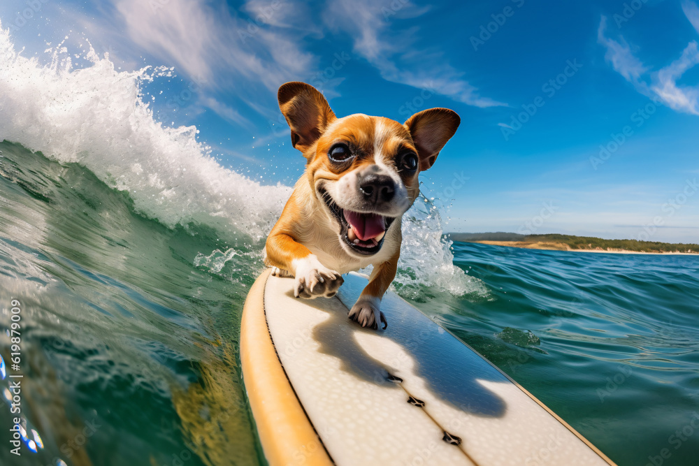 Photo funny dog rides a surfboard on the ocean waves summer vacation concept photography