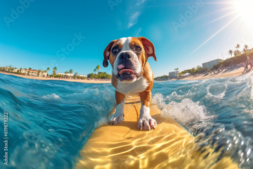 Photo funny dog rides a surfboard on the ocean waves summer vacation concept photography © yuniazizah