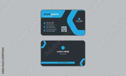 Blue and grey black color simple Business card design with QR code, modern print ready visiting card layout