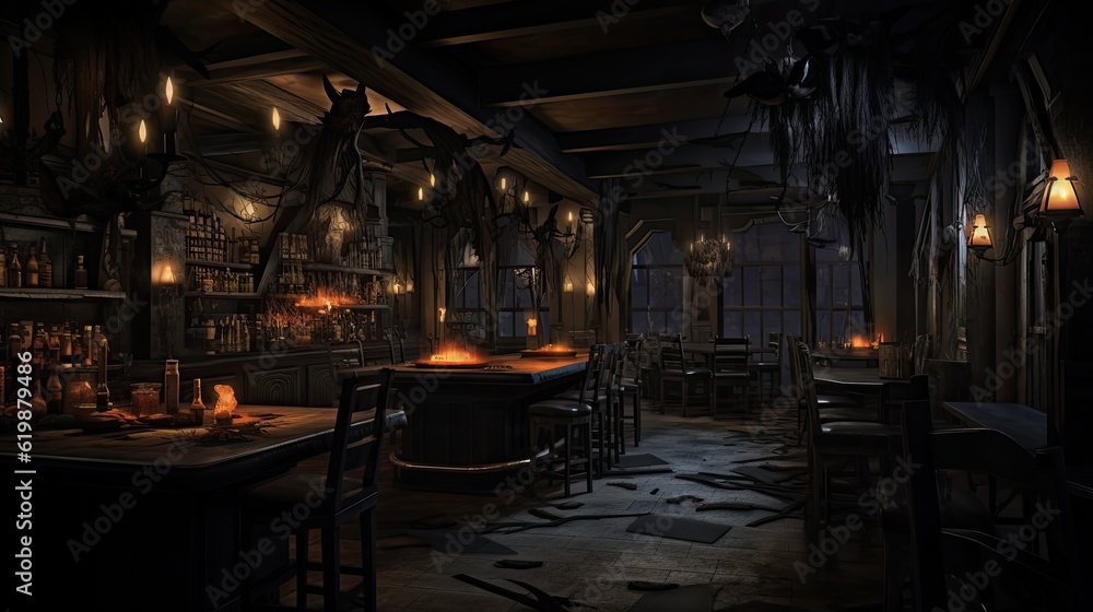 Halloween restaurant interior with dim lighting, spooky decor, and ghostly waitstaff.