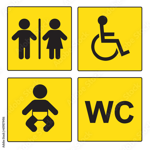Iconos de señales de información del aeropuerto amarillo. Vista de frente y de cerca. Vector