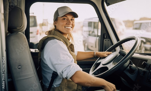 Candid shot of a confident caucasian female delivery truck driver. Generative AI