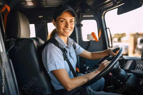 Candid shot of a confident caucasian female delivery truck driver. Generative AI