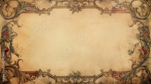 Fotografie, Obraz Fantasy scroll with worn out ornamental border - Generative AI
