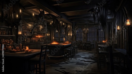Halloween restaurant interior with dim lighting  spooky decor  and ghostly waitstaff.
