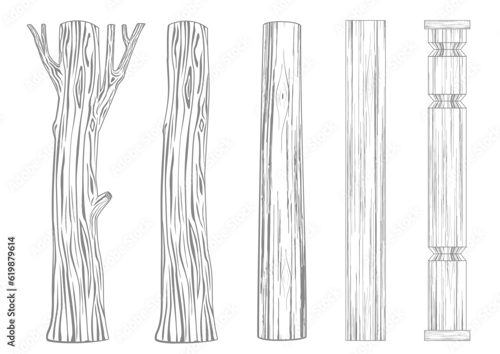 Set of wooden pillars columns tree trunk - obrazy, fototapety, plakaty 