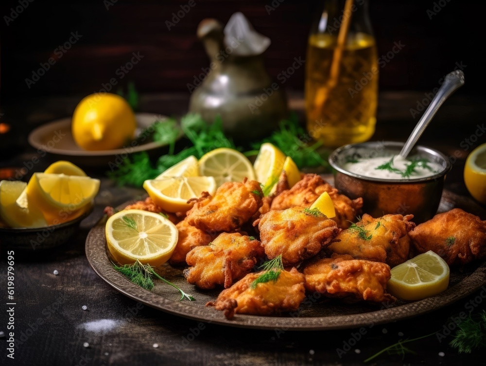 Salted Cod Fritters being served on a colorful platter with a side of lemon wedges