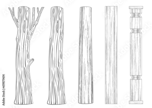 Fotografiet Set of wooden pillars columns tree trunk
