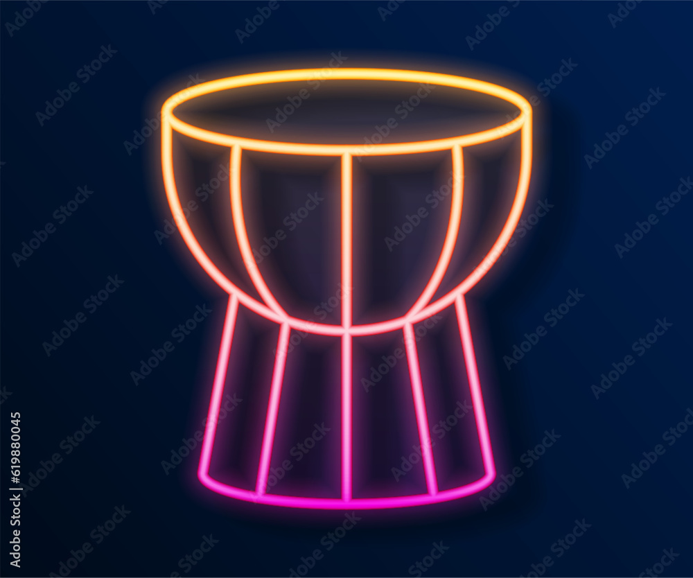 Glowing neon line African darbuka drum icon isolated on black background. Musical instrument. Vector Glowing neon line African darbuka drum icon isolated on black background. Musical instrument. Vector