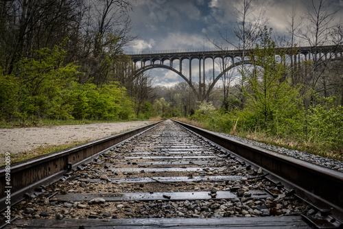 Fototapeta Naklejka Na Ścianę i Meble -  Brecksville-Northfield High Level Bridge in Cuyahoga Valley National Park in Ohio. Cuyahoga Valley Scenic Railroad tracks. 