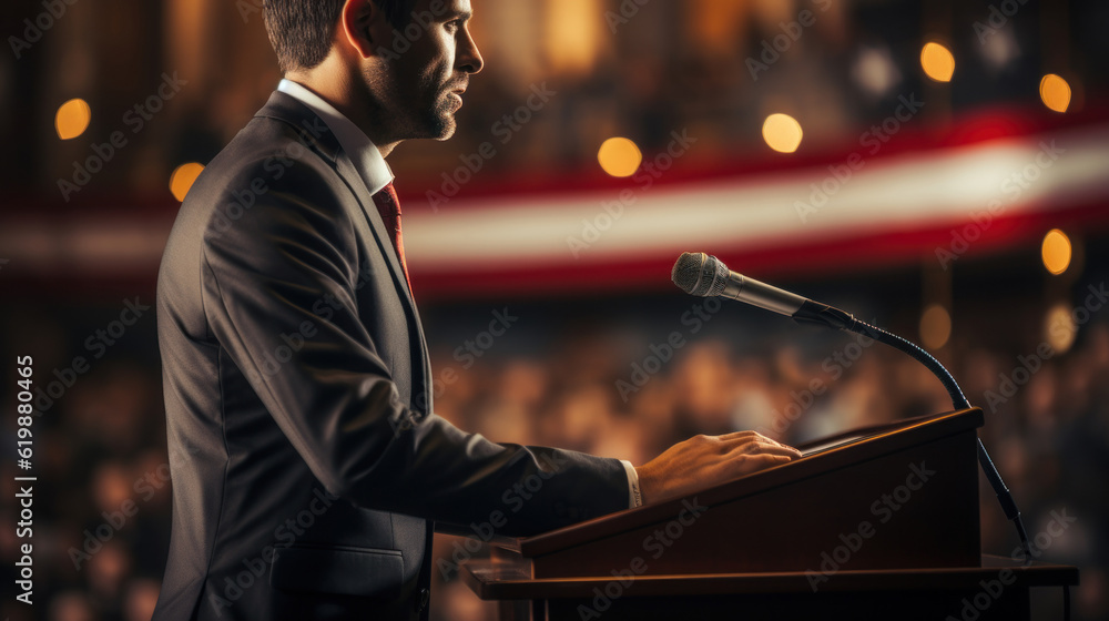 Speaker at a conference hall or press conference. Politics giving a speech. Generative AI. Speaker at a conference hall or press conference. Politics giving a speech. Generative AI.