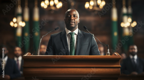 African american politician making a speech at a conference or meeting. Generative AI.