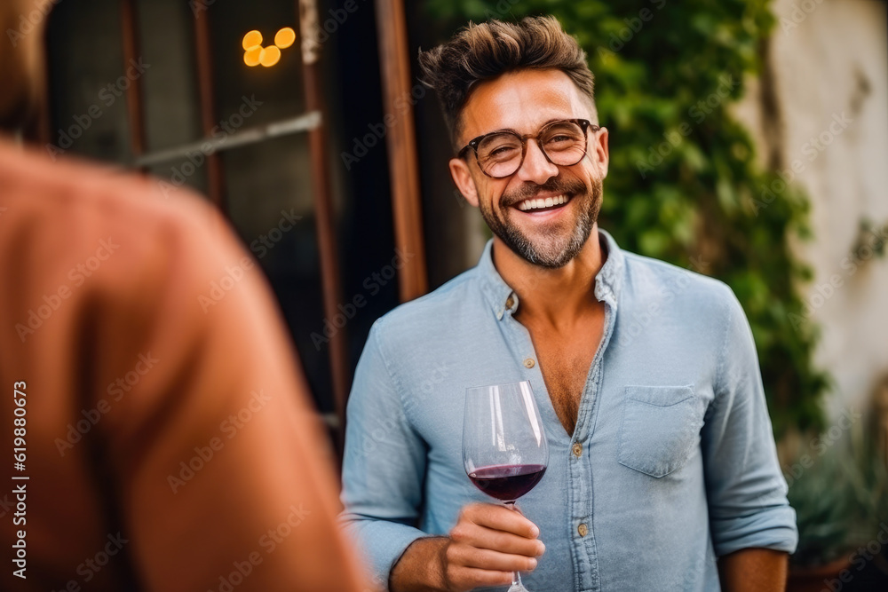 Attractive man laughs at friend while talking, enjoying sundowner drinks wine casual party, generative ai