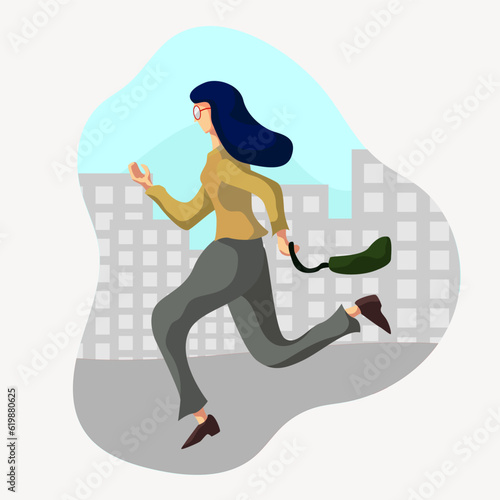 Flat vector illustration Successful businesswoman hurry to work