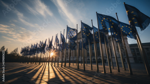 European Union flags waving in the wind at sunset. Generative AI.