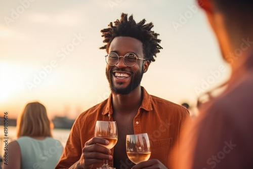 Foto Attractive black man laughs at friend while talking, enjoying sundowner drinks w