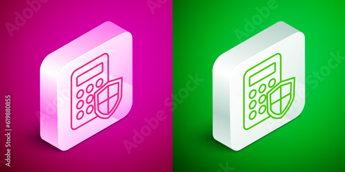 Isometric line Security system control panel with display icon isolated on pink and green background. Keypad of security system for entering inside. Silver square button. Vector