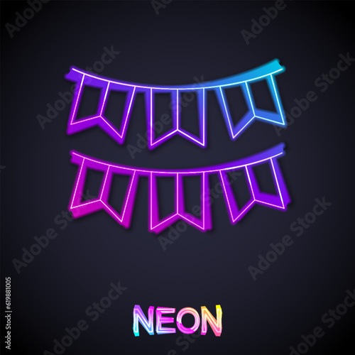 Glowing neon line Carnival garland with flags icon isolated on black background. Party pennants for birthday celebration, festival decoration. Vector