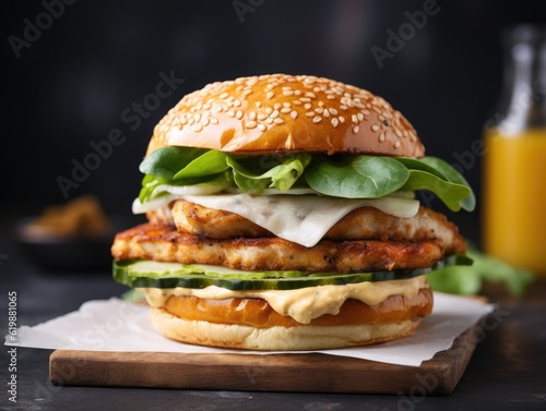 Chickenburger on dark background (generative AI)