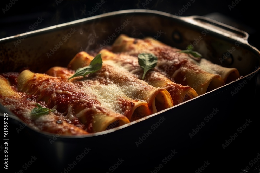 Cannelloni al Forno right out of the oven in a deep-dish baking tray