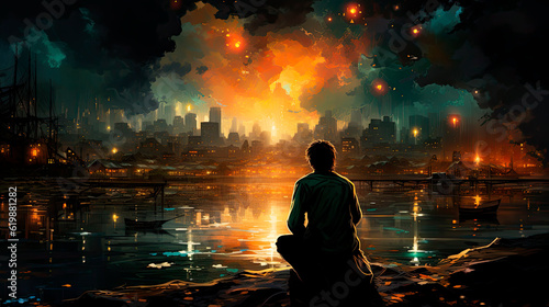 Watching the end of the world - a man watches explosions in the distance - Generative AI