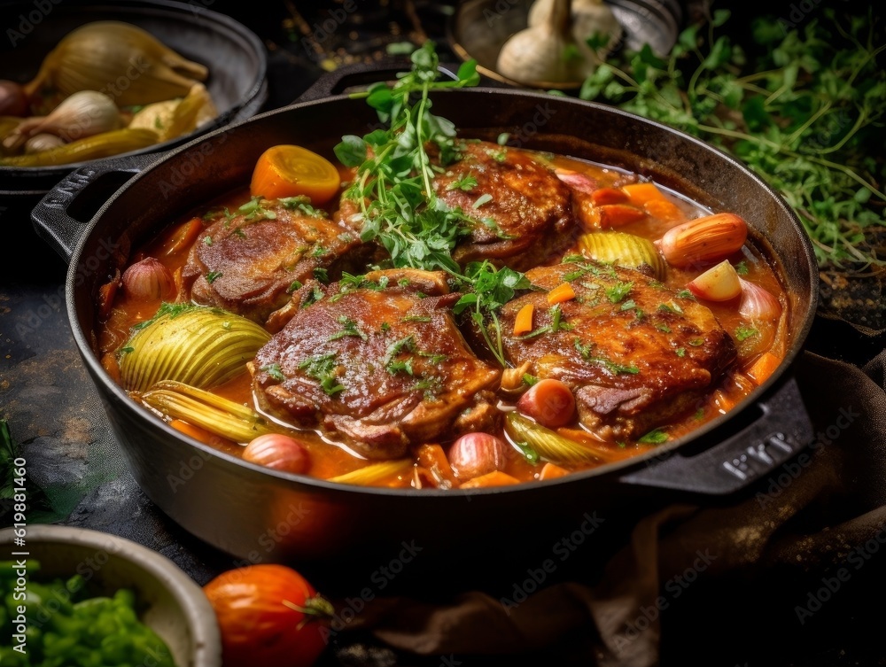 Ossobuco alla Milanese in a cast iron skillet with ingredients like veal shanks, onions, carrots, and celery surrounding it Ossobuco alla Milanese in a cast iron skillet with ingredients like veal shanks, onions, carrots, and celery surrounding it