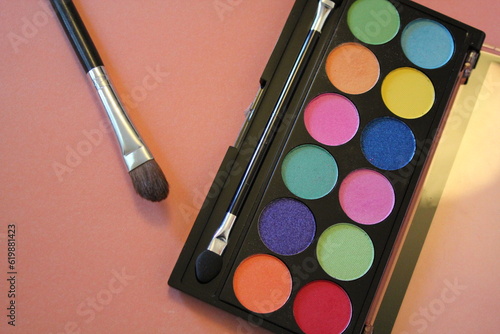 eye shadow makeup Colorful Pressed Pigment Pallets Close up background beauty