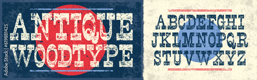 Antique Woodtype Textured Vintage Font. Perfect for menu headings, signage or Wild West posters. Bold, Slab Serif Letterpress Font with ink traps and a rough rolled ink texture. Unique design font.