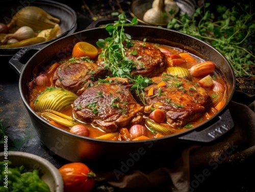 Ossobuco alla Milanese in a cast iron skillet with ingredients like veal shanks, onions, carrots, and celery surrounding it