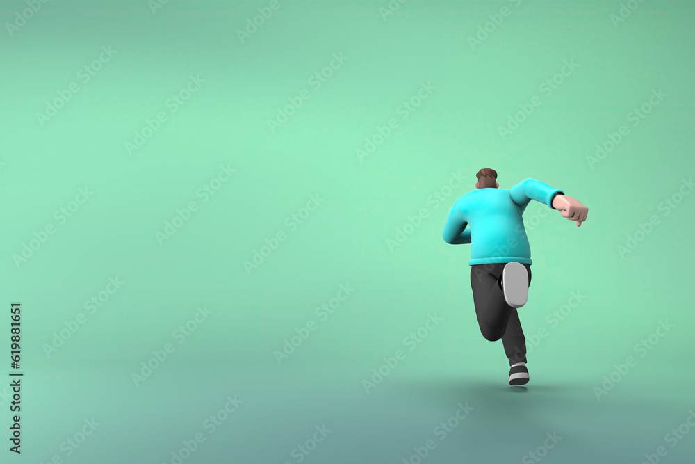 Man in casual clothes making gestures while pushing or running. 3D rendering of a cartoon character Man in casual clothes making gestures while pushing or running. 3D rendering of a cartoon character