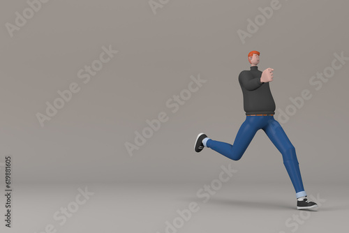 Man in casual clothes making gestures while pushing or running. 3D rendering of a cartoon character © Ake