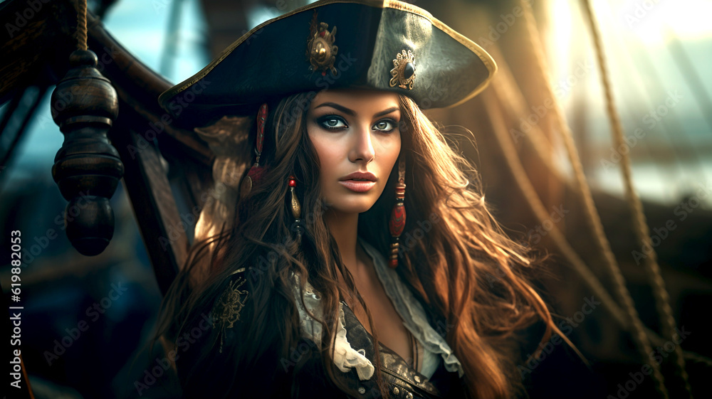 Obraz premium brave woman pirate captain of naval fleet, fantasy portrait, Generative Ai