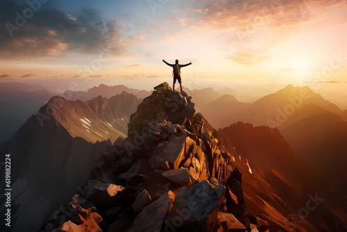 Man standing on top of a cliff at sunset with sunlight watching the beautiful mountains high edge mountain. Epic shot of achievement success and celebrating winning or freedom concept. Generative AI