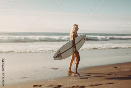 photo beautiful girl walks with a surfboard on a wild beach. amazing view from the top photography