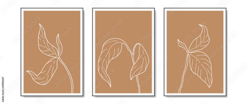 Botanical wall art vector set in boho style. Foliage, hand drawn line art drawing with abstract vector shapes and leaves. Design for print, cover, wallpaper, minimal and natural wall art.