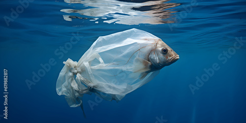 Fish like a plastic bag, Water pollution concept, ecological problems, waste in the ocean, rubbish in nature, generated ai   © Art Gallery