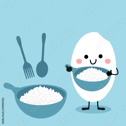 Rice seed cartoon, rice bowl, spoon, fork icon sign on blue background vector illustration.