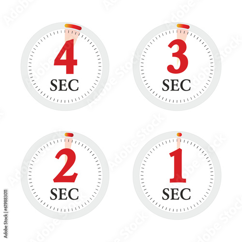 Set of digital timer 1, 2, 3, 4 seconds. Stopwatch icon. Vector Illustration.