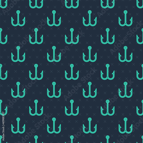 Green line Fishing hook icon isolated seamless pattern on blue background. Fishing tackle. Vector