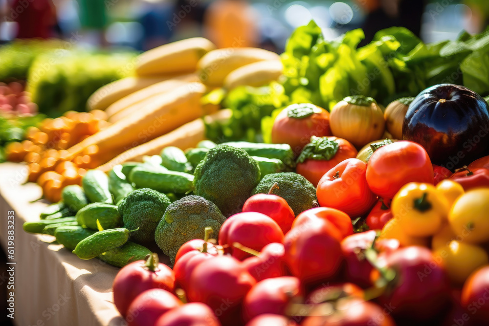 Vibrant summer farmers market brimming with a colorful array of fresh fruits and vegetables, closeup. Generative AI