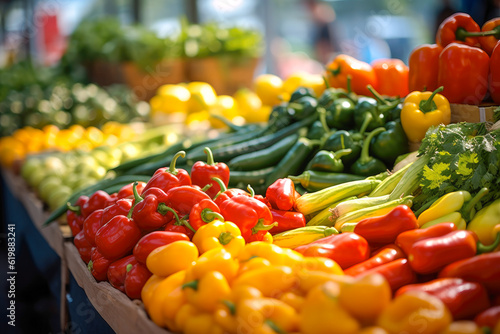 Vibrant summer farmers market brimming with a colorful array of fresh fruits and vegetables, closeup. Generative AI