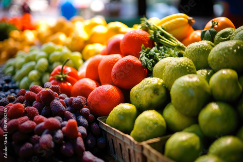 Vibrant summer farmers market brimming with a colorful array of fresh fruits and vegetables  closeup. Generative AI