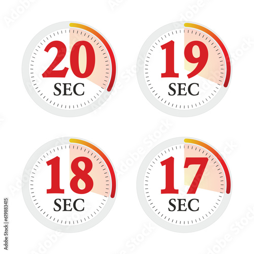Set of digital timer 17, 18, 19, 20 seconds. Stopwatch icon. Vector Illustration.