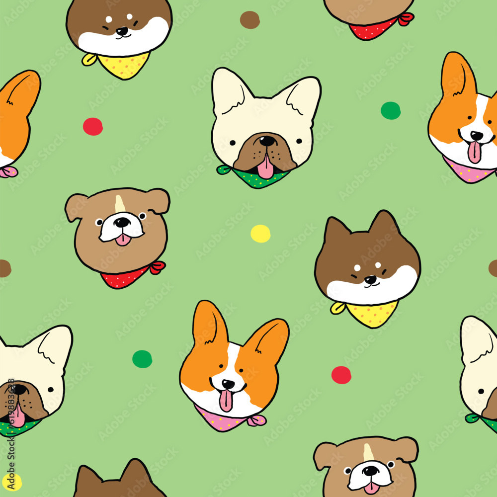 Obraz premium Seamless Pattern of Cute Cartoon Dog Face Design on Green Background