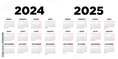 Calendario 2024 2025 en español. Semana comienza el lunes. Sábados y domingos en rojo. Ilustración