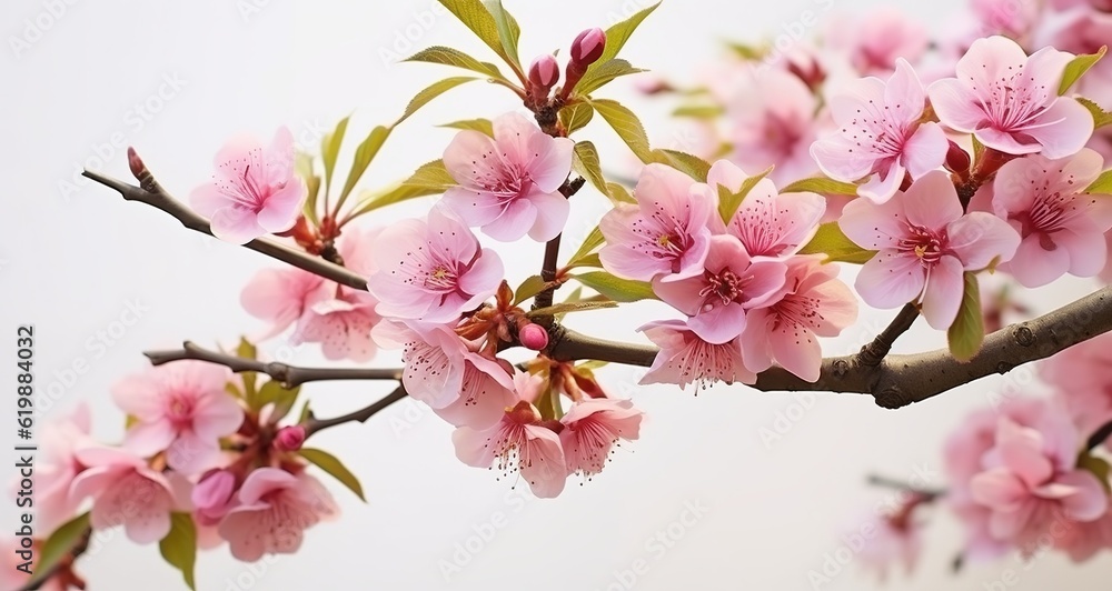 Close-up view of pink peach tree flowers with a delicate, light, natural spring background adorned with peach blossoms. Created with Generative AI technology