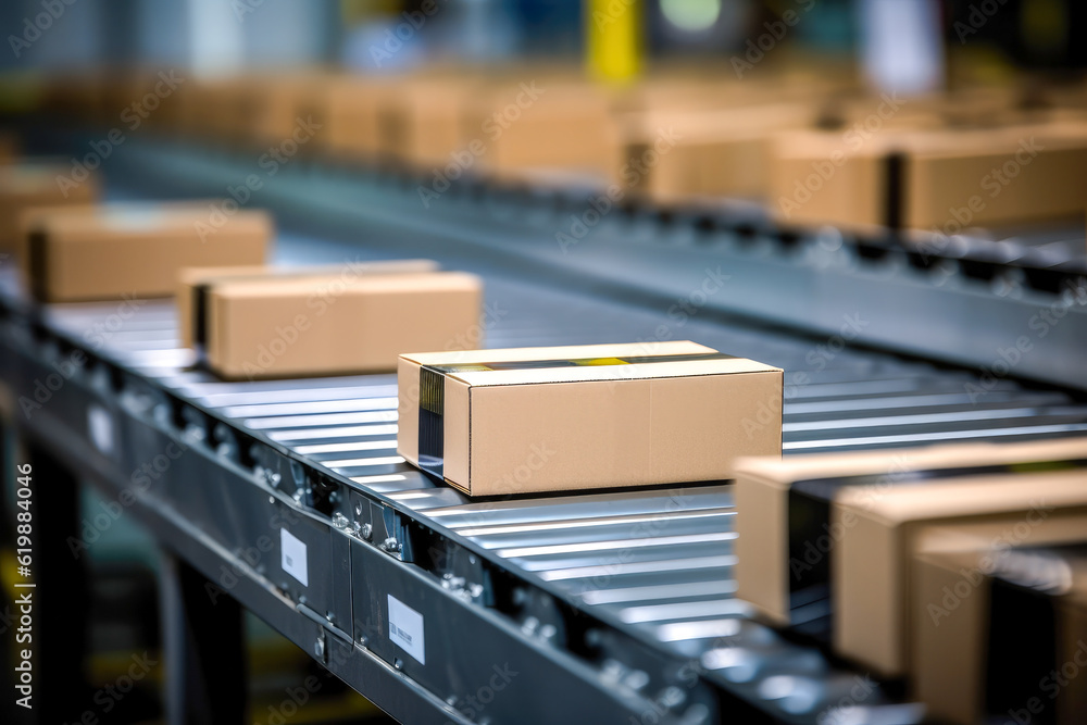 Closeup of multiple cardboard box packages seamlessly moving along a conveyor belt in a warehouse, generative ai Closeup of multiple cardboard box packages seamlessly moving along a conveyor belt in a warehouse, generative ai